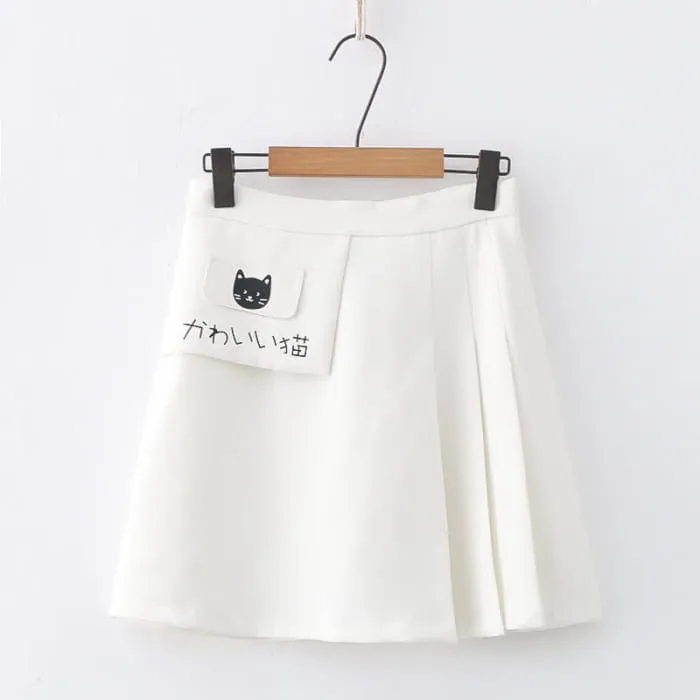 Cartoon Kitty Print Pure Color Pleated Skirt