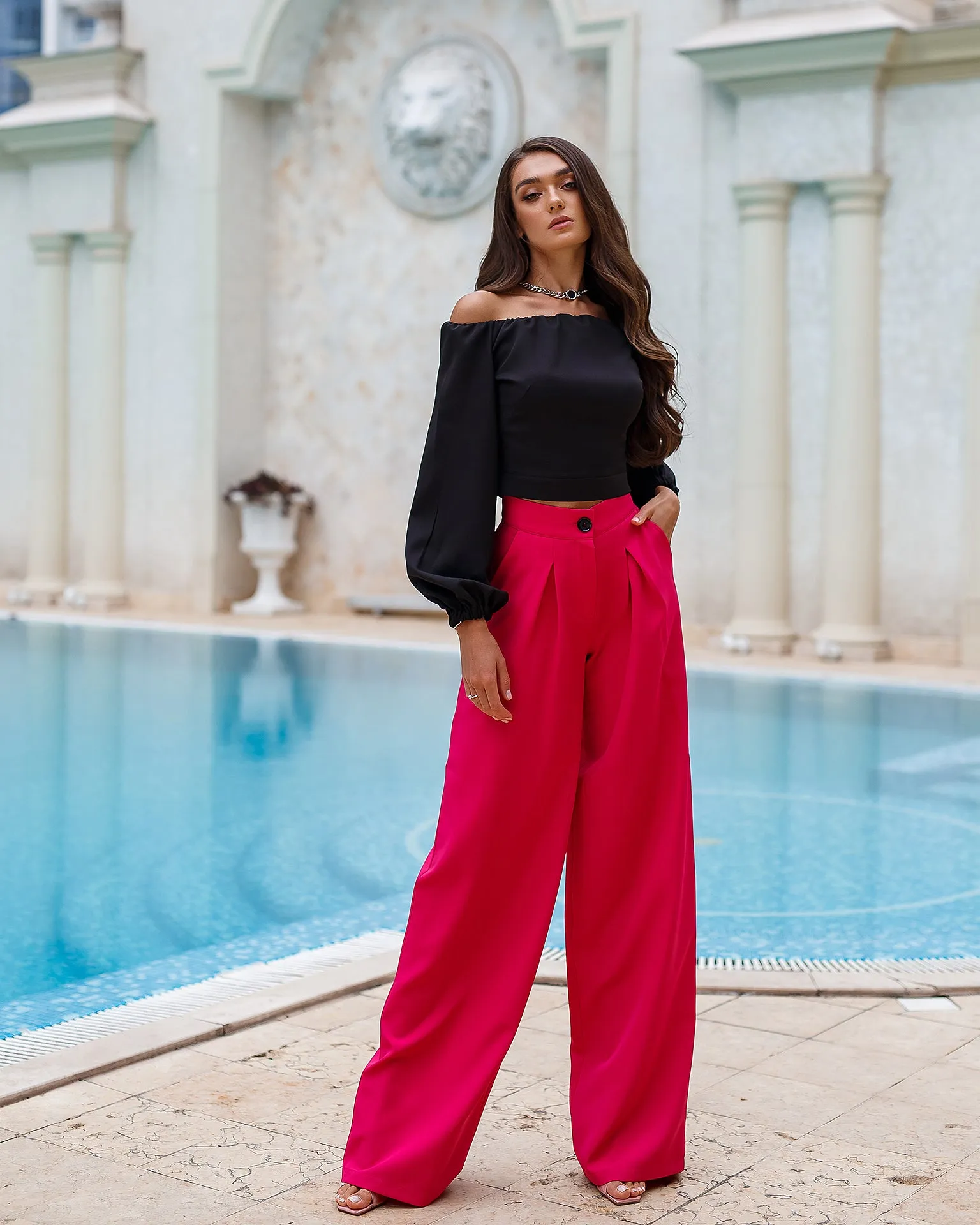 Crimson High Waist Fitted Palazzo Pants