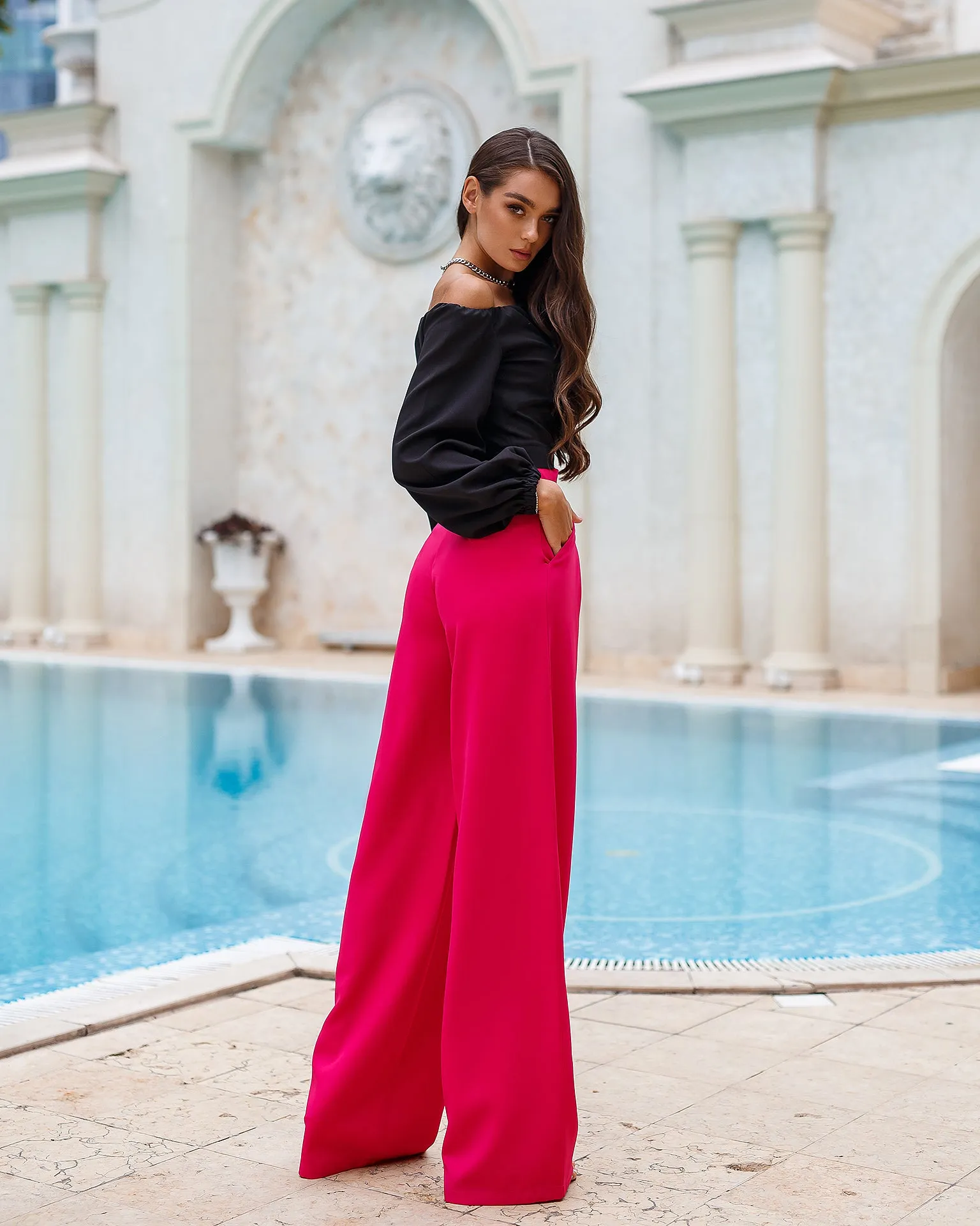 Crimson High Waist Fitted Palazzo Pants