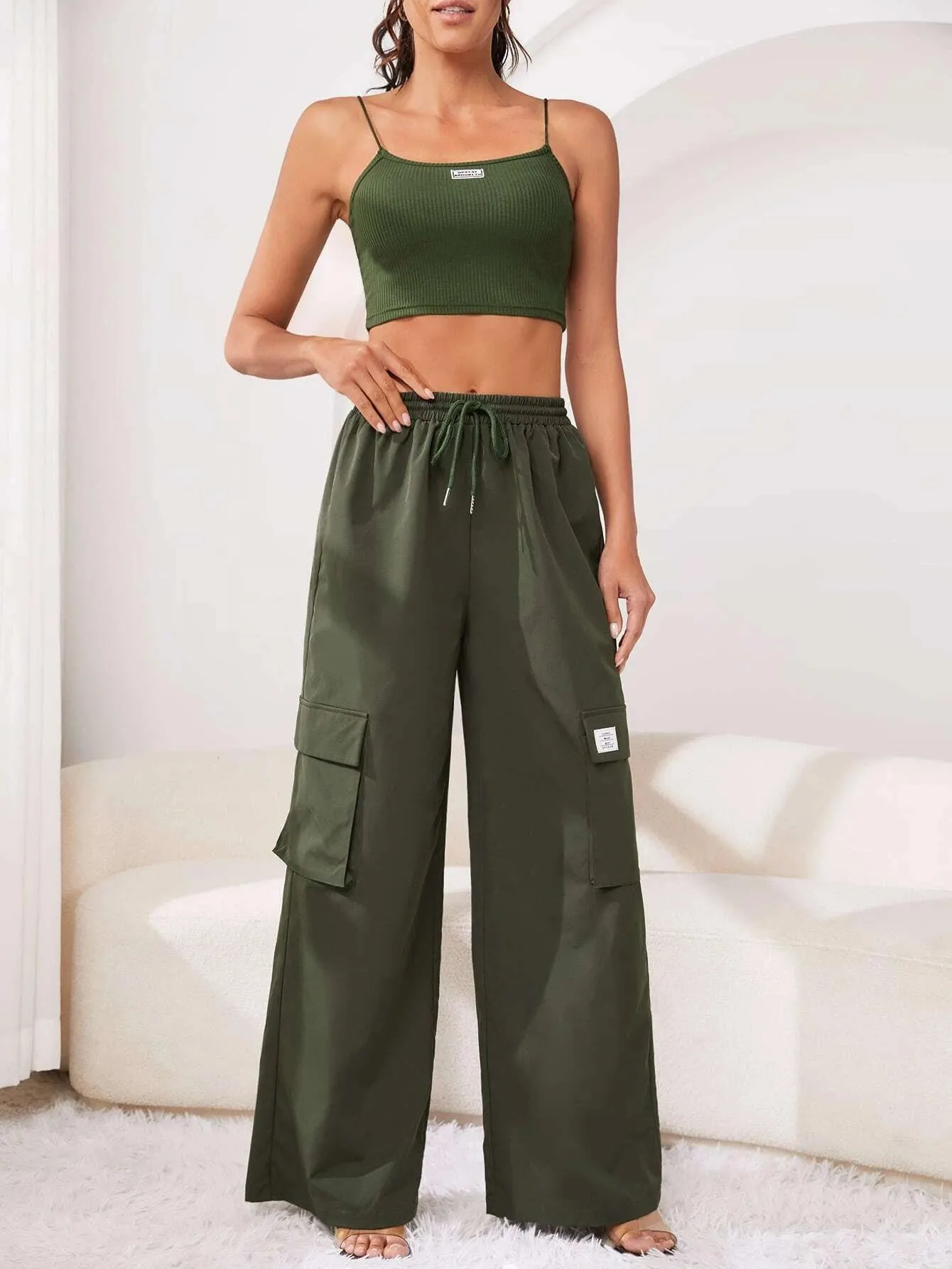 Crop Cami Top And Drawstring Cargo Pants