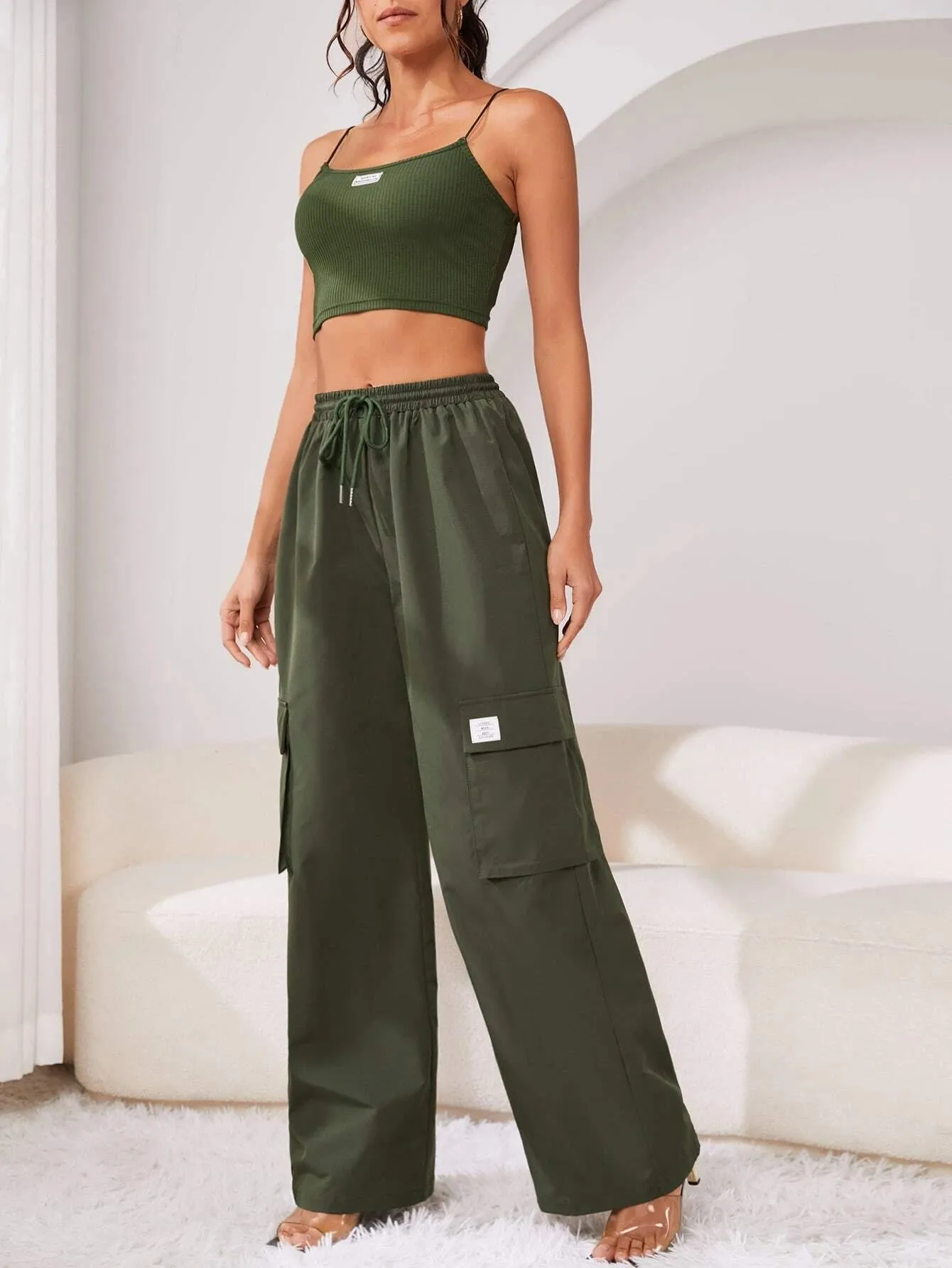 Crop Cami Top And Drawstring Cargo Pants