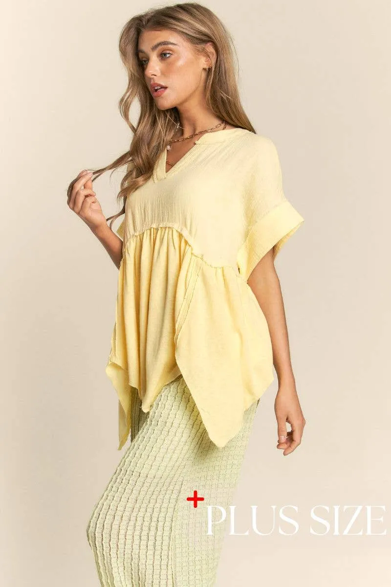 Curve V Neck Tunic Top - Pastel Lemon