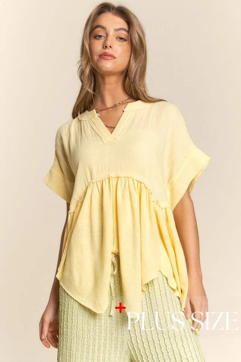 Curve V Neck Tunic Top - Pastel Lemon