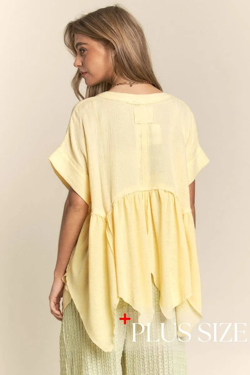 Curve V Neck Tunic Top - Pastel Lemon