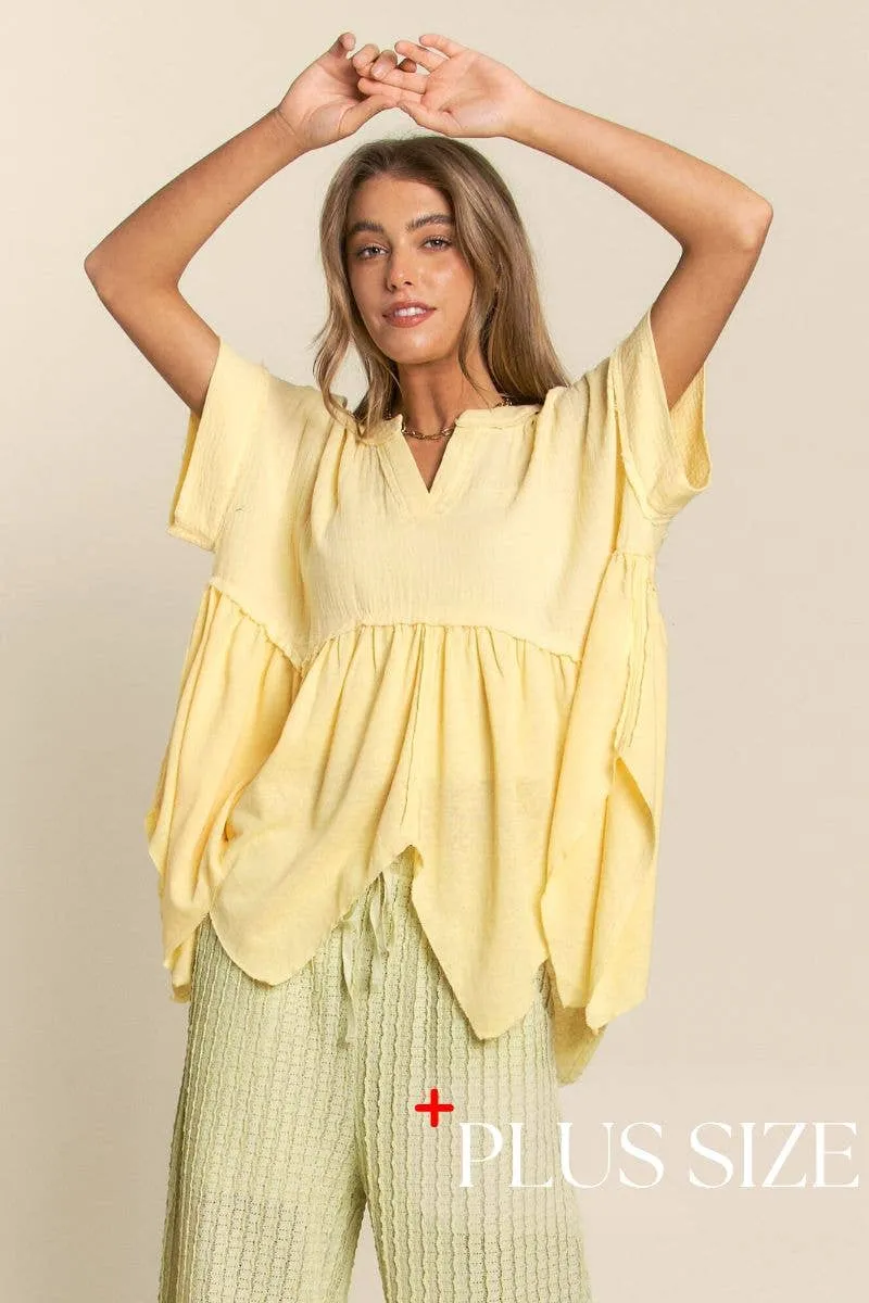 Curve V Neck Tunic Top - Pastel Lemon
