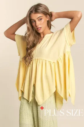 Curve V Neck Tunic Top - Pastel Lemon