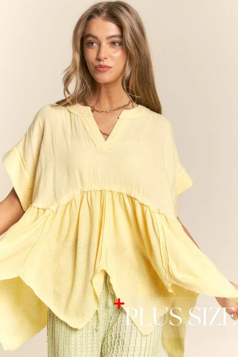 Curve V Neck Tunic Top - Pastel Lemon