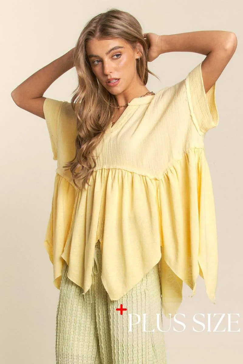 Curve V Neck Tunic Top - Pastel Lemon