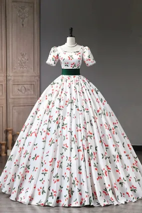 Cute Cherry Pattern Long Princess Prom Dress, White A-Line Evening Party Dress