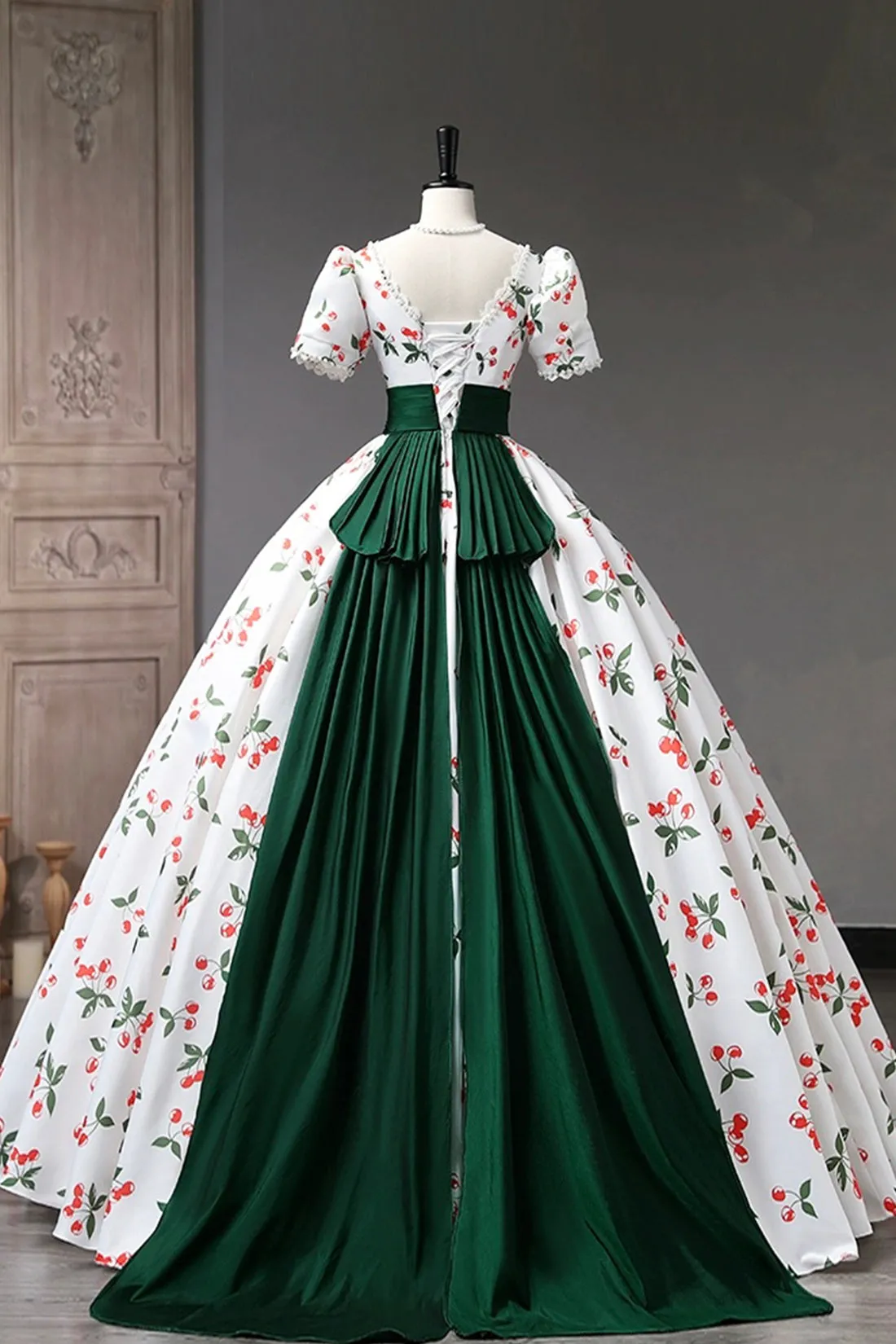 Cute Cherry Pattern Long Princess Prom Dress, White A-Line Evening Party Dress