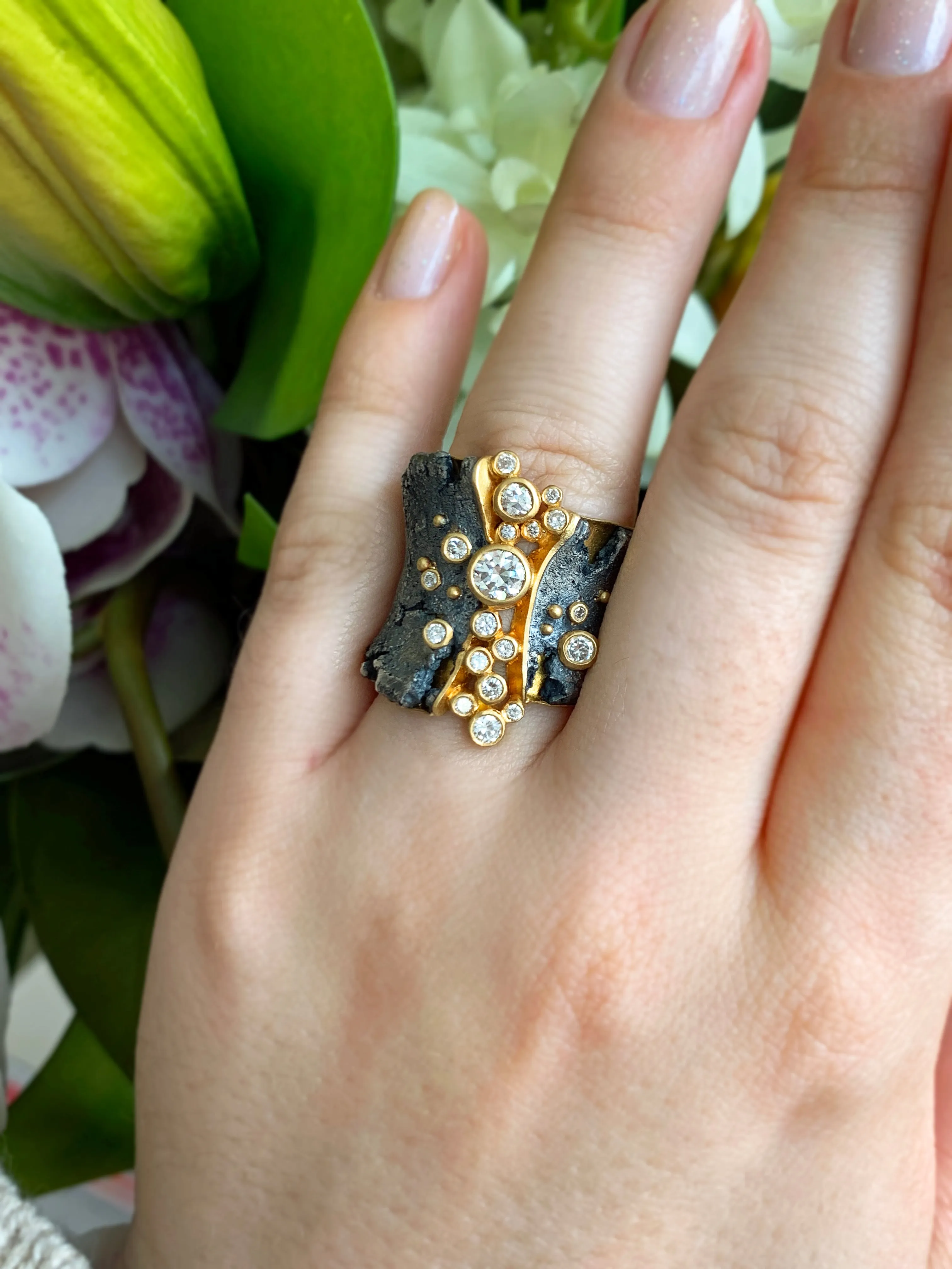 Diamond, Sterling Silver, & Yellow Gold Ring- "Waterfall"