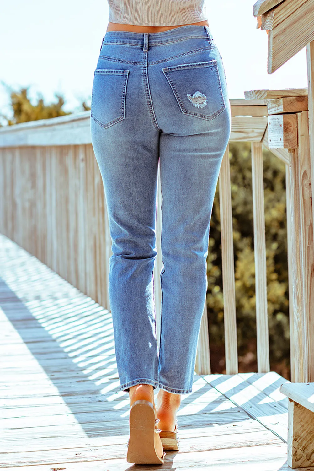Distressed Slits Straight Jeans