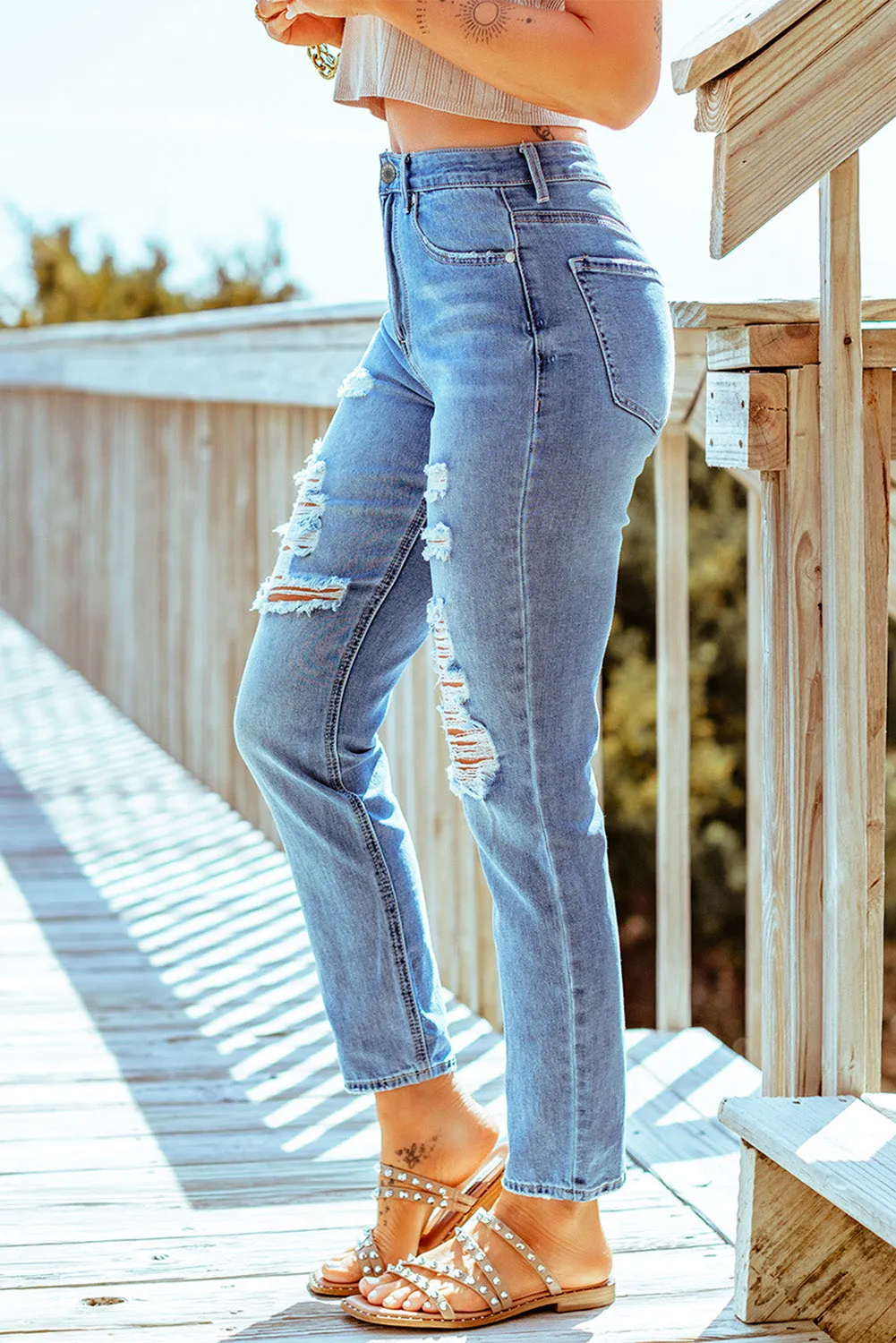 Distressed Slits Straight Jeans