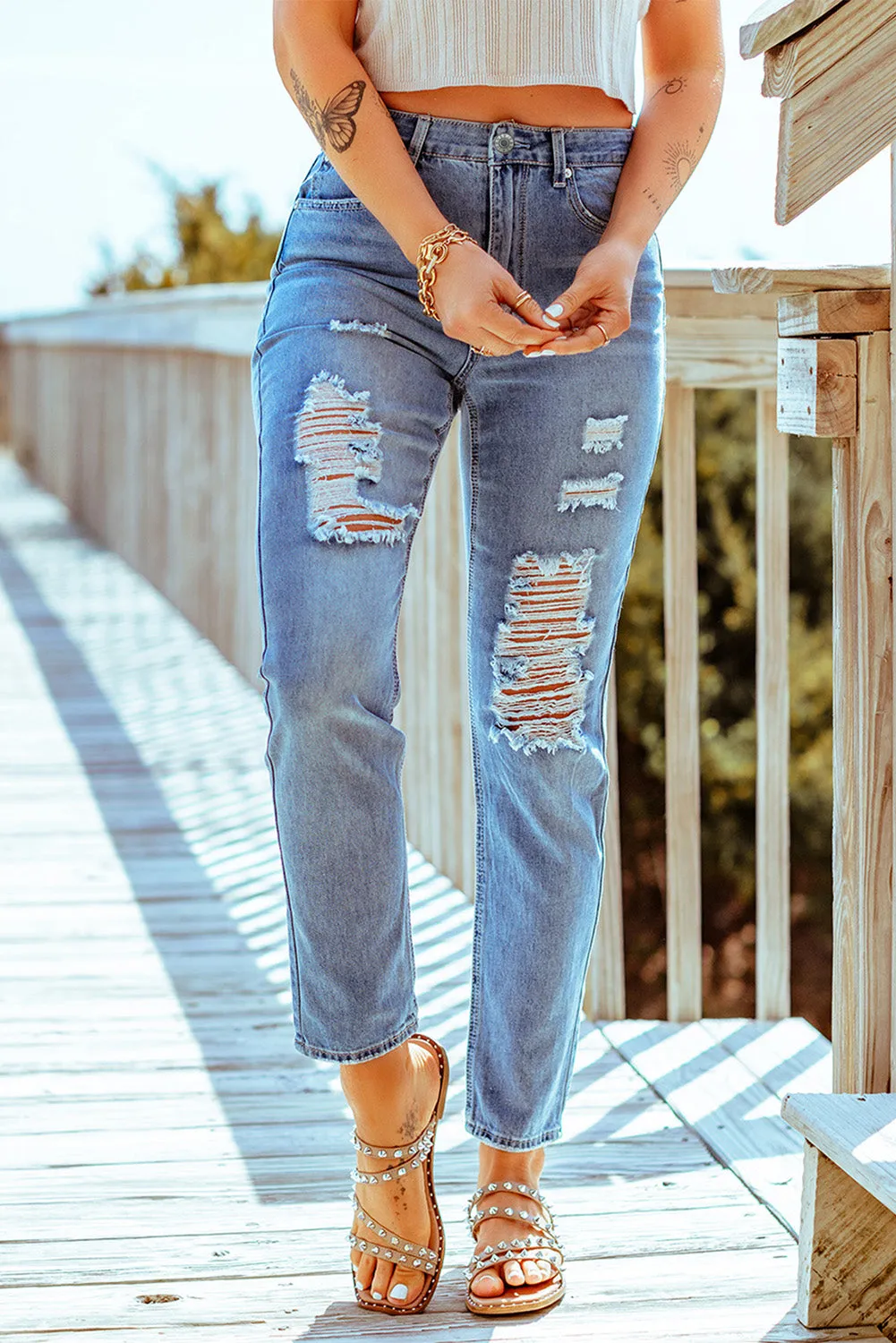 Distressed Slits Straight Jeans