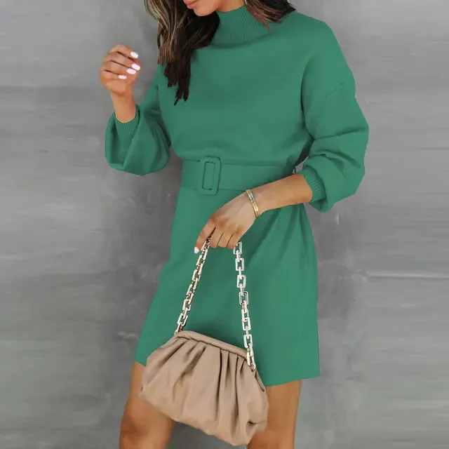 Elegant Turtleneck Sweater Dress with Belt