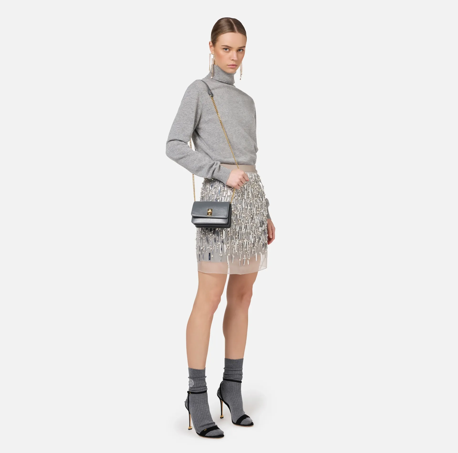 Elisabetta Franchi | Turtleneck Wool Dress with Embroidered Skirt