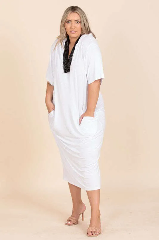 Fasheabe White Solid Color Laser Cut Tunic Midi Dress With Hoodie