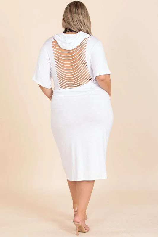 Fasheabe White Solid Color Laser Cut Tunic Midi Dress With Hoodie