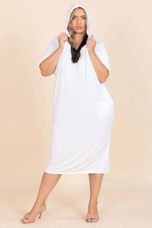 Fasheabe White Solid Color Laser Cut Tunic Midi Dress With Hoodie
