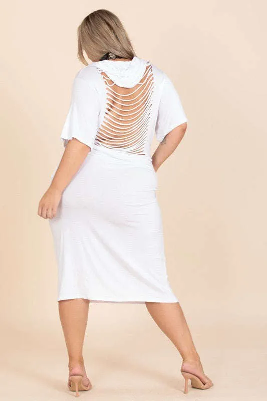 Fasheabe White Solid Color Laser Cut Tunic Midi Dress With Hoodie