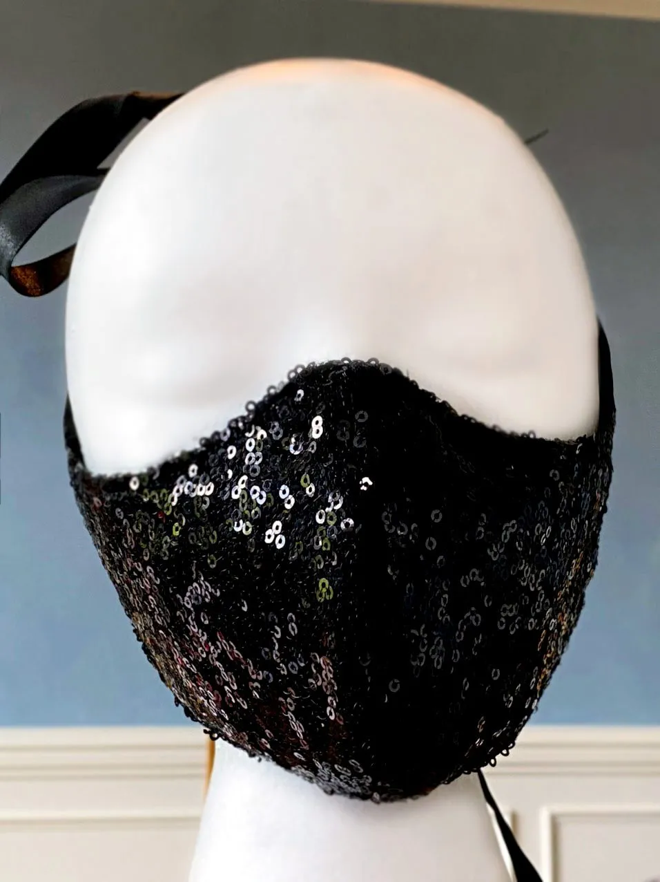Fashion face cover/cloths face mask, black sequins outside, cotton inside. Around head ribbon
