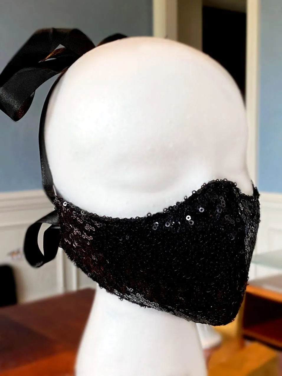Fashion face cover/cloths face mask, black sequins outside, cotton inside. Around head ribbon