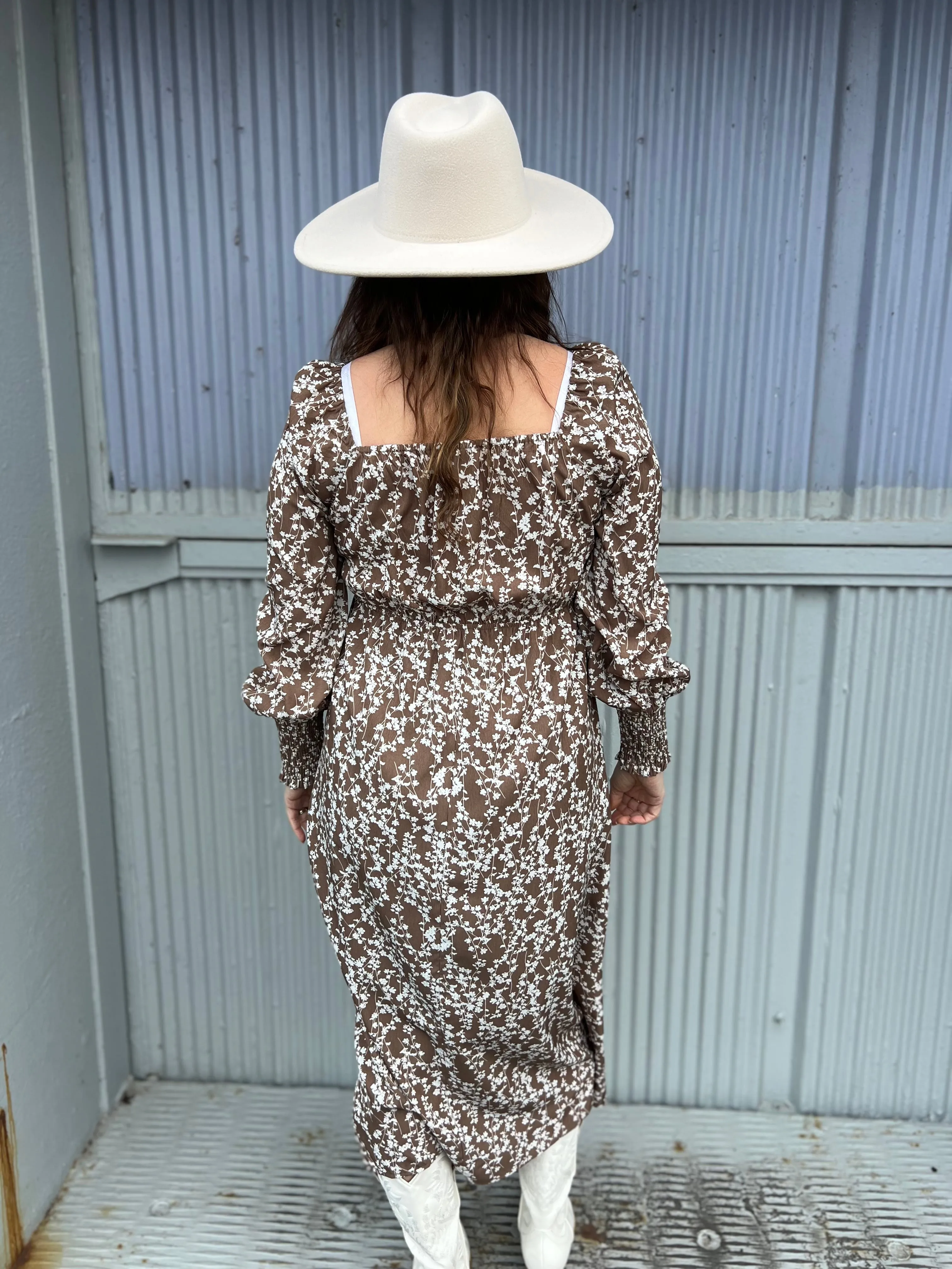 Floral Print Smocked Cuff Long Sleeve Midi Dress