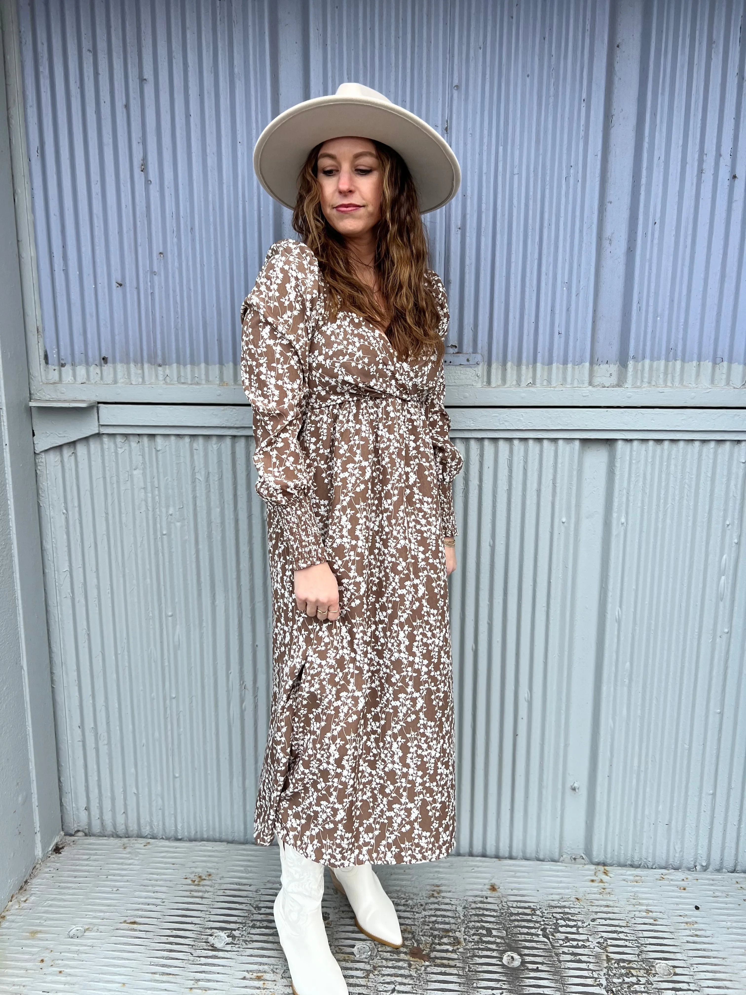 Floral Print Smocked Cuff Long Sleeve Midi Dress