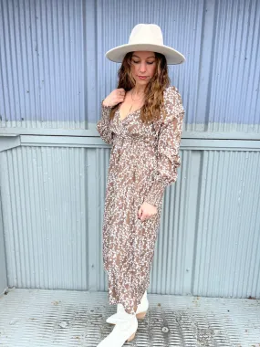 Floral Print Smocked Cuff Long Sleeve Midi Dress