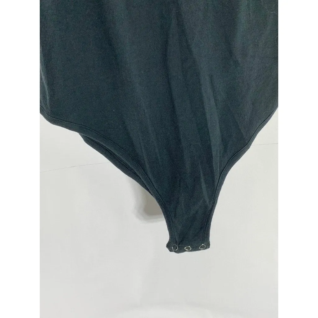 FREE PEOPLE Women's Black Ribbed Scoop-Neck Thong Tank Bodysuit SZ L