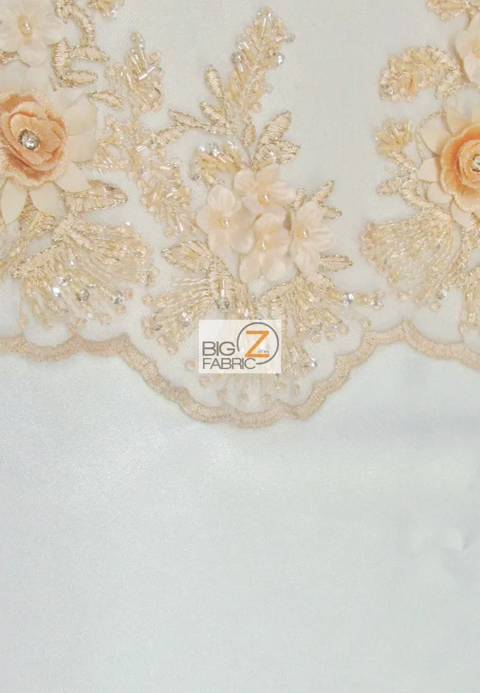 French Floral 3D Beaded Sequins Fabric / Peach / Sold By The Yard