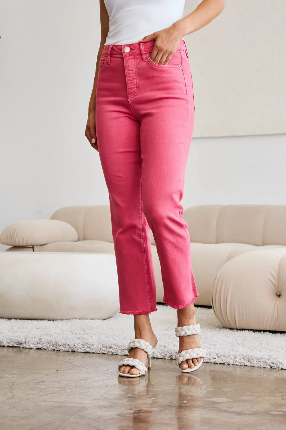 Full Size Tummy Control High Waist Raw Hem Jeans Sunkissed