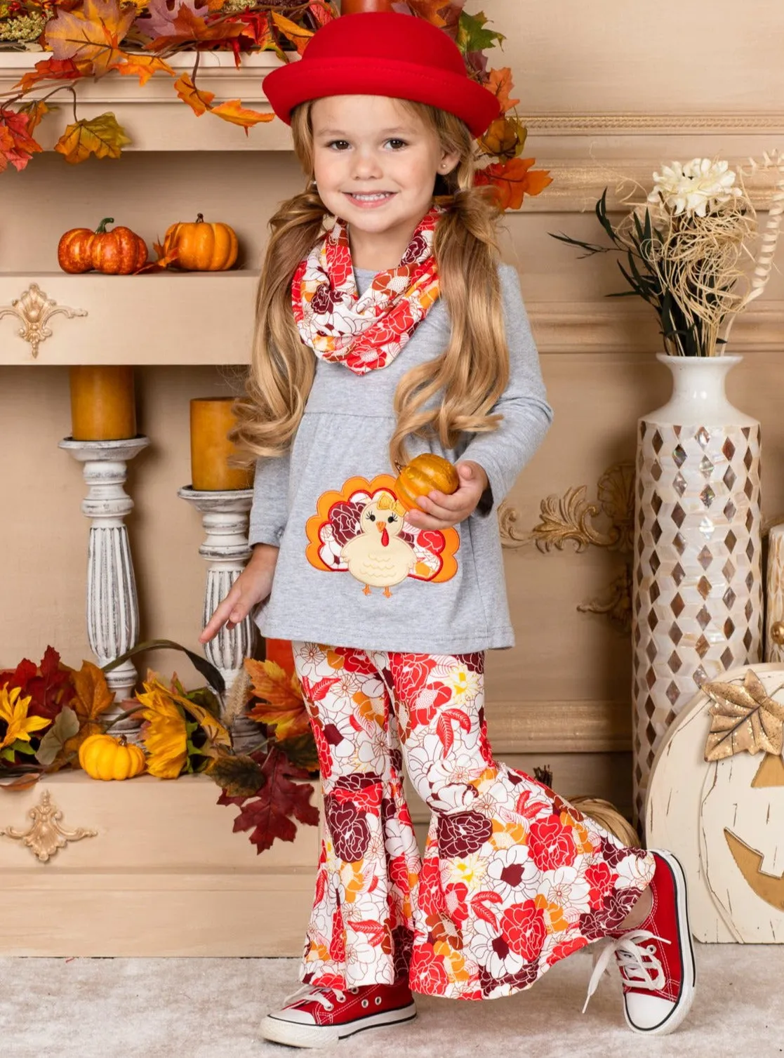 Girls Turkey Applique Tunic, Floral Print Leggings And Matching Scarf Set