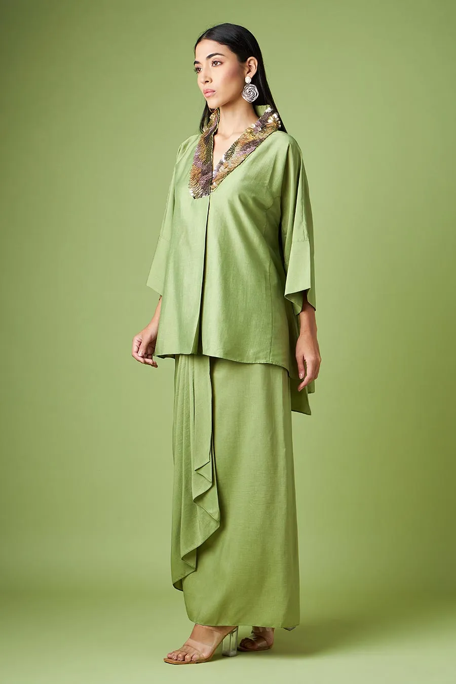 Green Kimono Kaftan & Drape Skirt Co-Ord Set