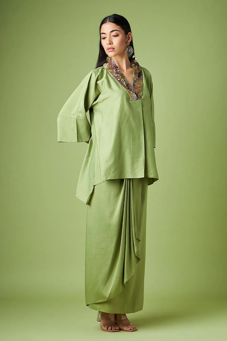 Green Kimono Kaftan & Drape Skirt Co-Ord Set