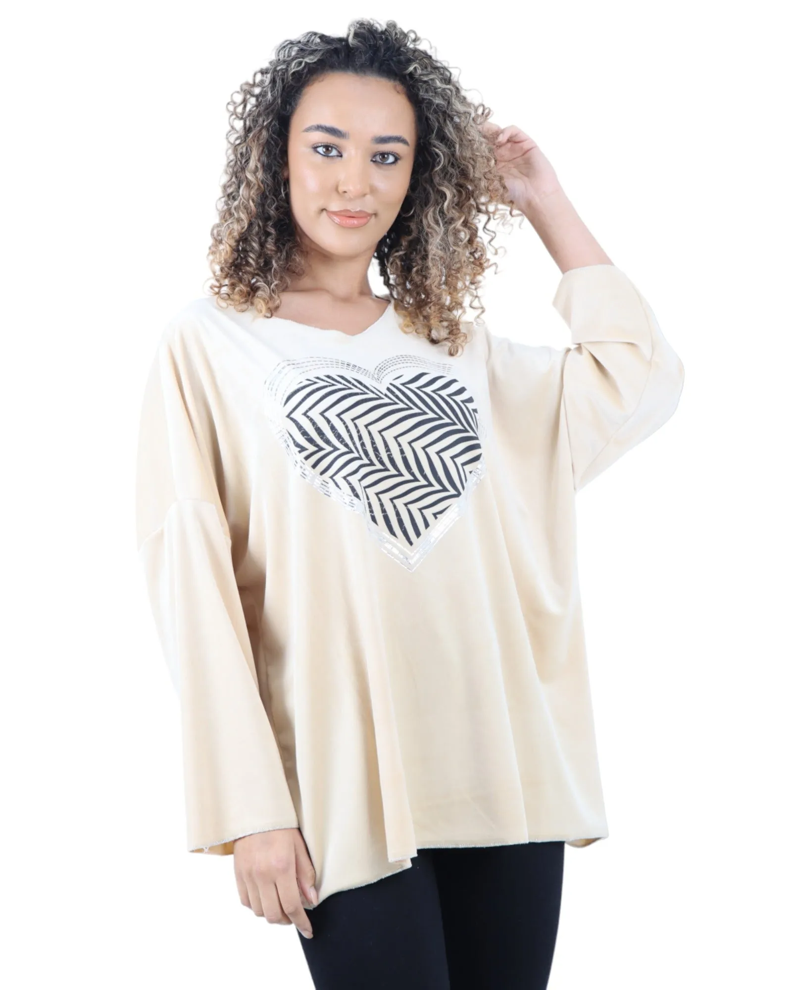Heart Print Velour Long Sleeve Round Neck  Tunic Top