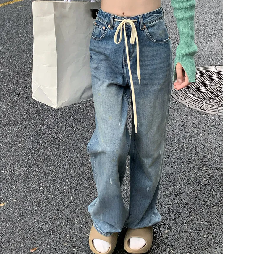 High Waist Loose Lace-Up Wide-Leg Casual Jeans