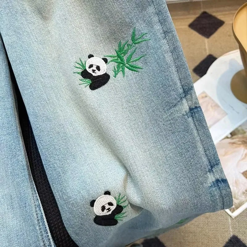 High Waist Retro Panda Embroidered Jeans Pants