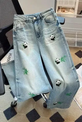 High Waist Retro Panda Embroidered Jeans Pants