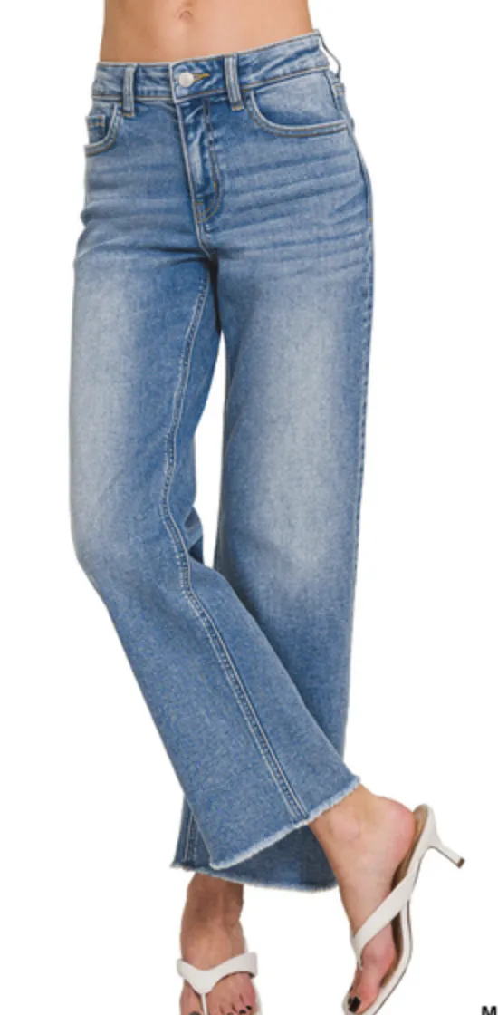 HIGH WAIST STRAIGHT LEG MEDIUM WASH DENIM PANTS