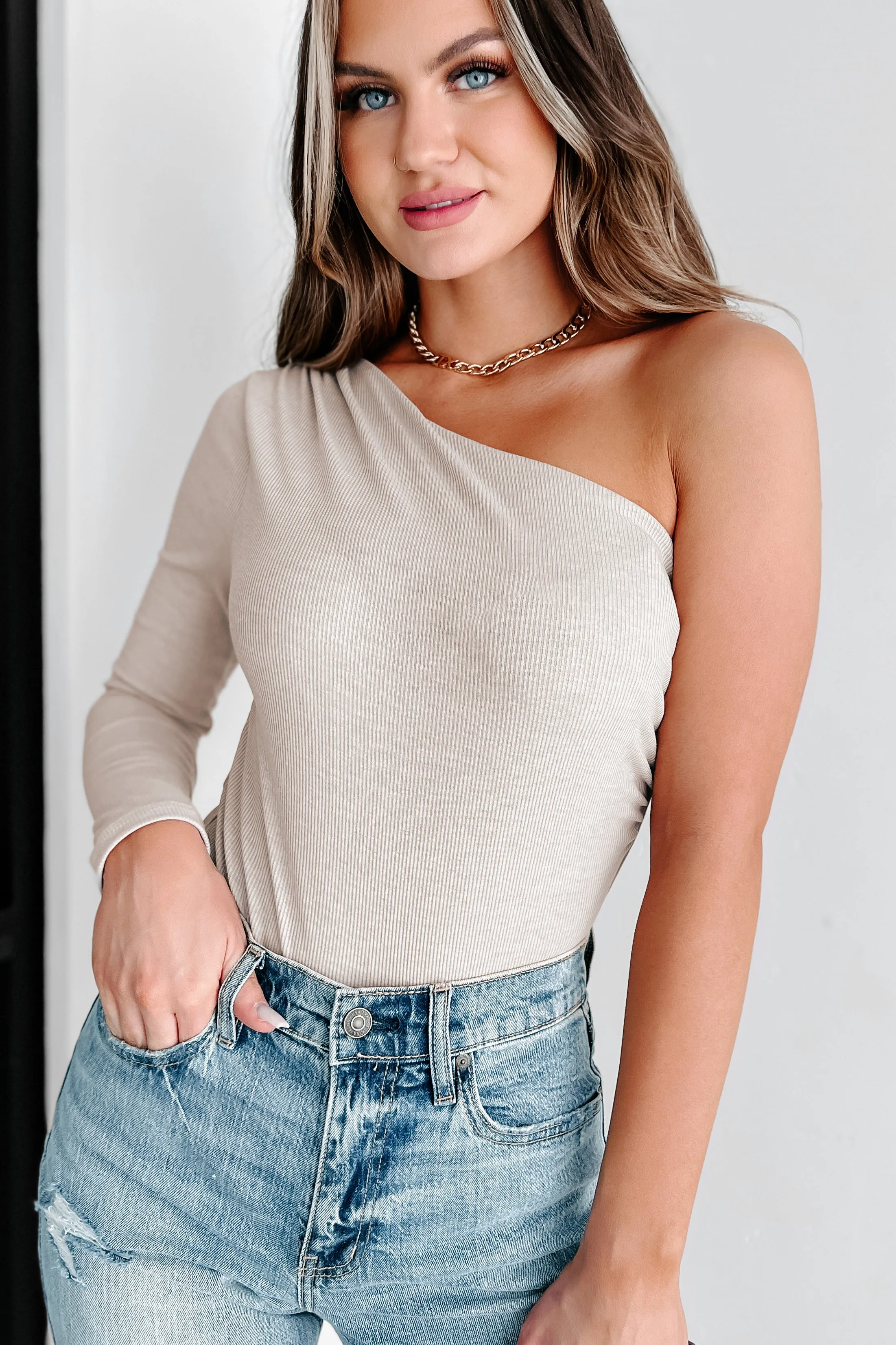 I'm Flattered Ribbed One Shoulder Bodysuit (Stone)