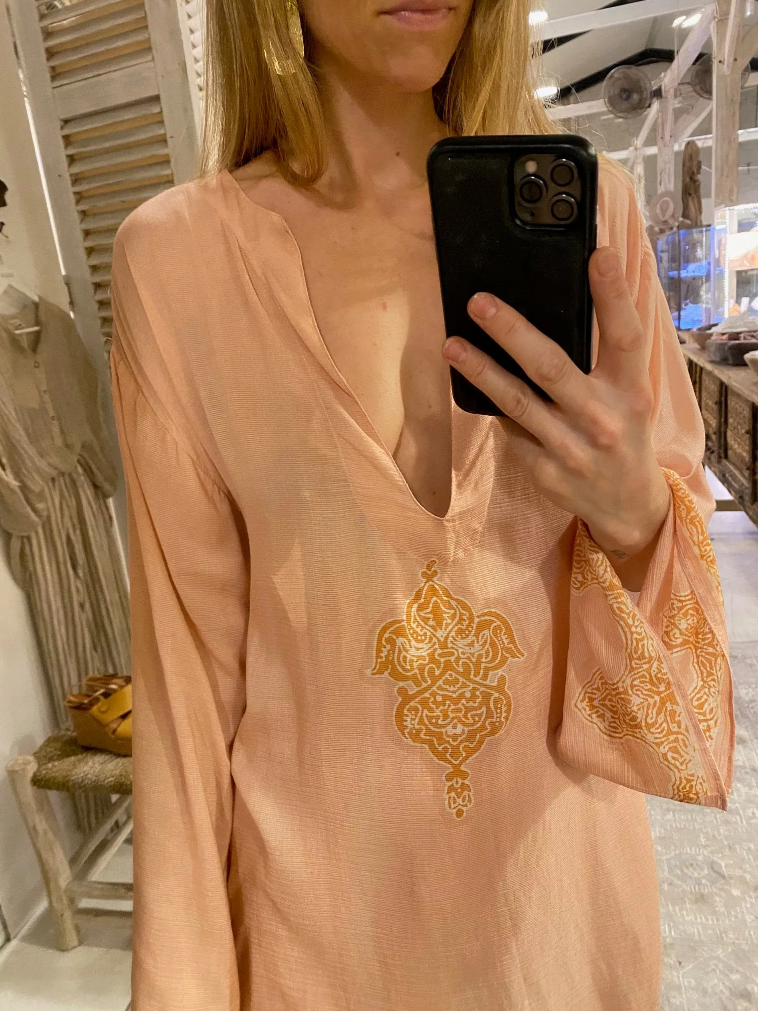 Johari Bamboo Silk Kaftan Top with Pattern-Coral