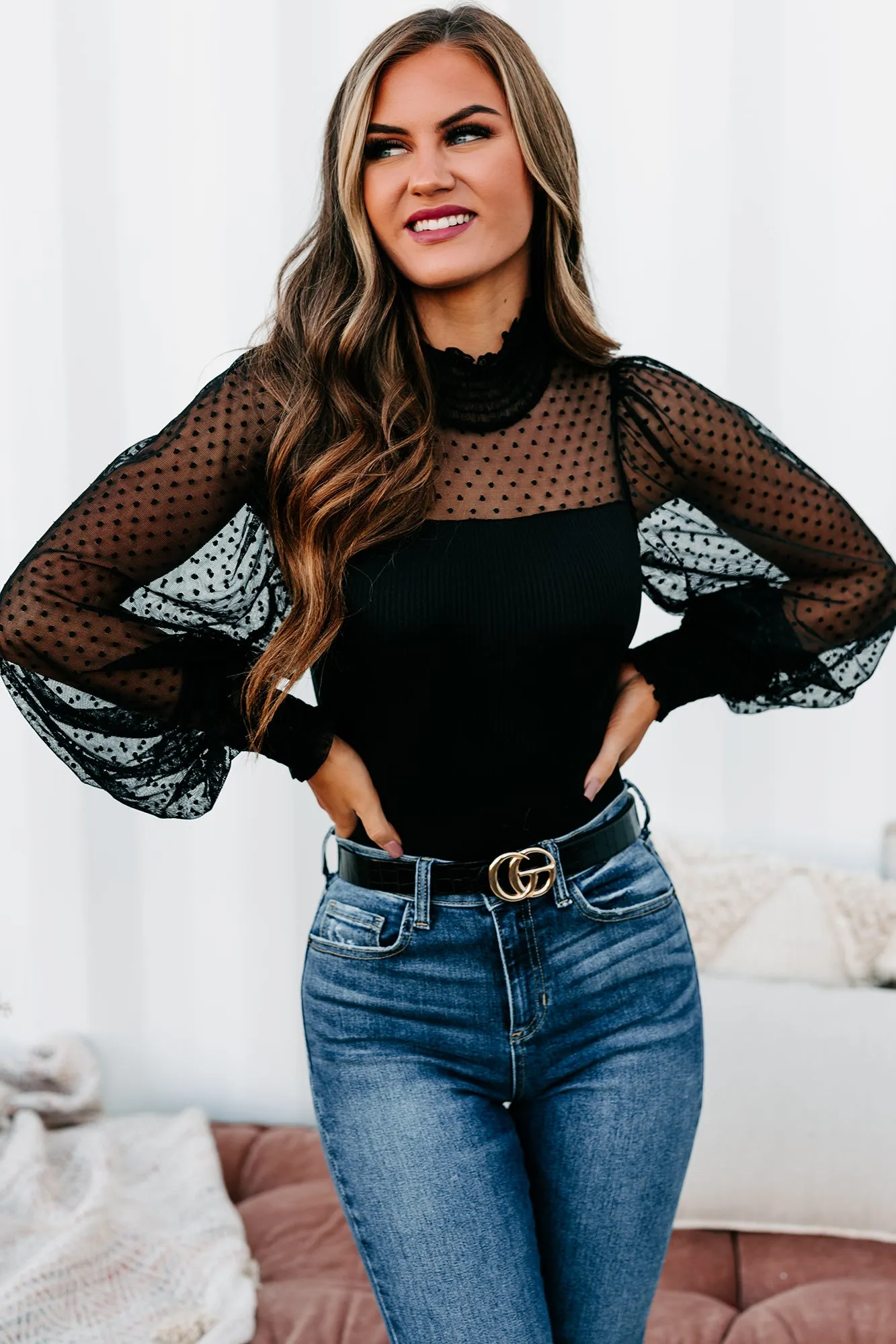 Keep The Change Ribbed Dot Mesh Bodysuit (Black)