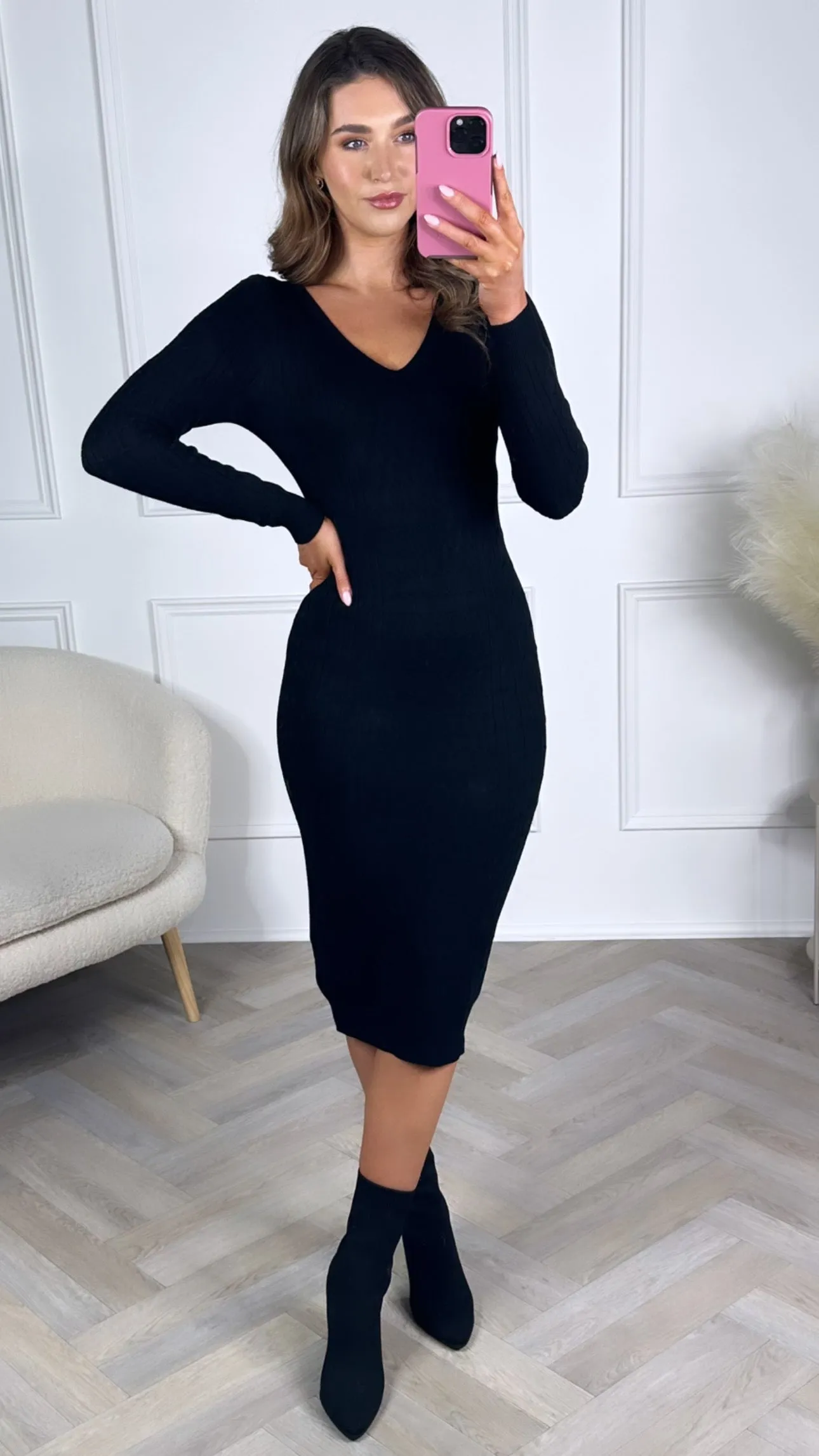 Kerensa Black Cable Knit Midi Dress
