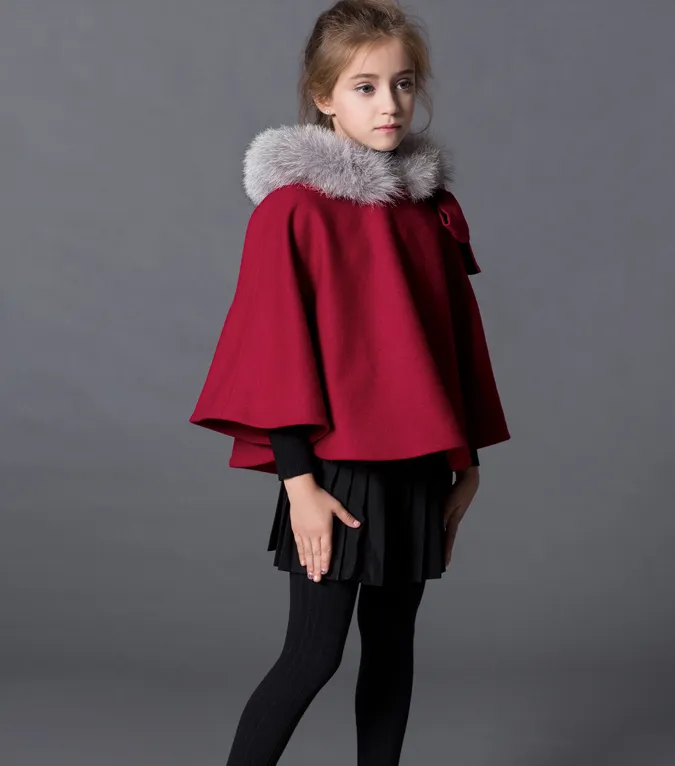 Kids Winter Fur Trim Hooded Wool cloak Girls Wool Outfit