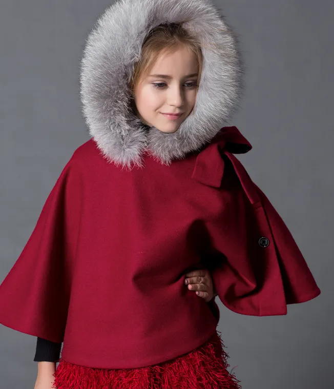 Kids Winter Fur Trim Hooded Wool cloak Girls Wool Outfit