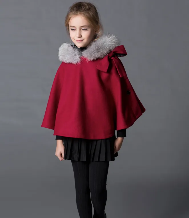 Kids Winter Fur Trim Hooded Wool cloak Girls Wool Outfit