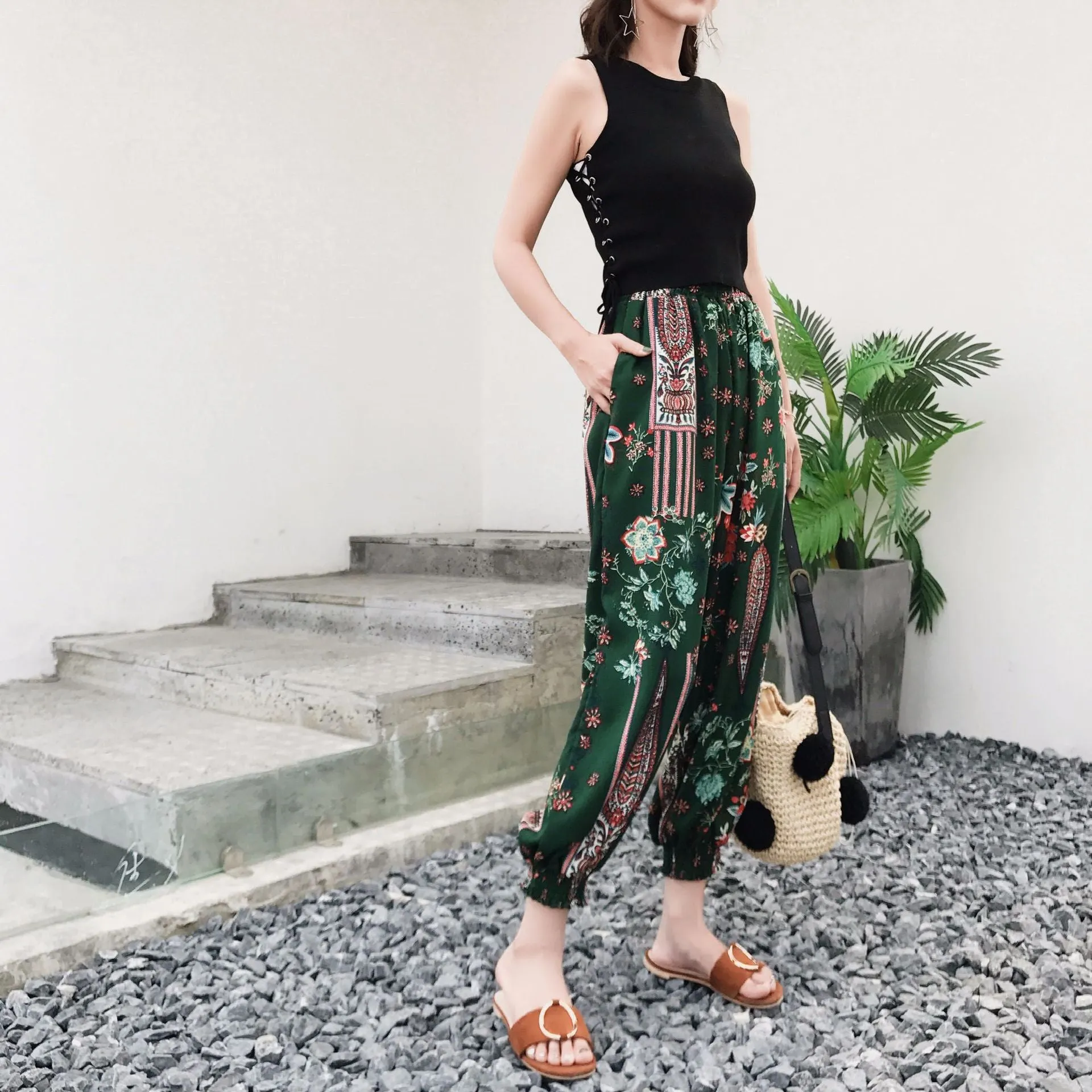 Korean Chiffon Casual Pants Women Loose Feminine High Waist Ankle-Length Lantern Pants