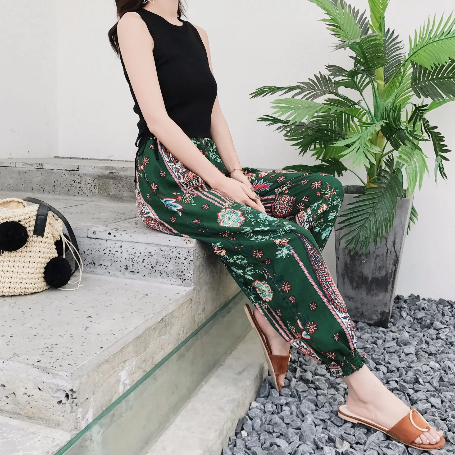 Korean Chiffon Casual Pants Women Loose Feminine High Waist Ankle-Length Lantern Pants