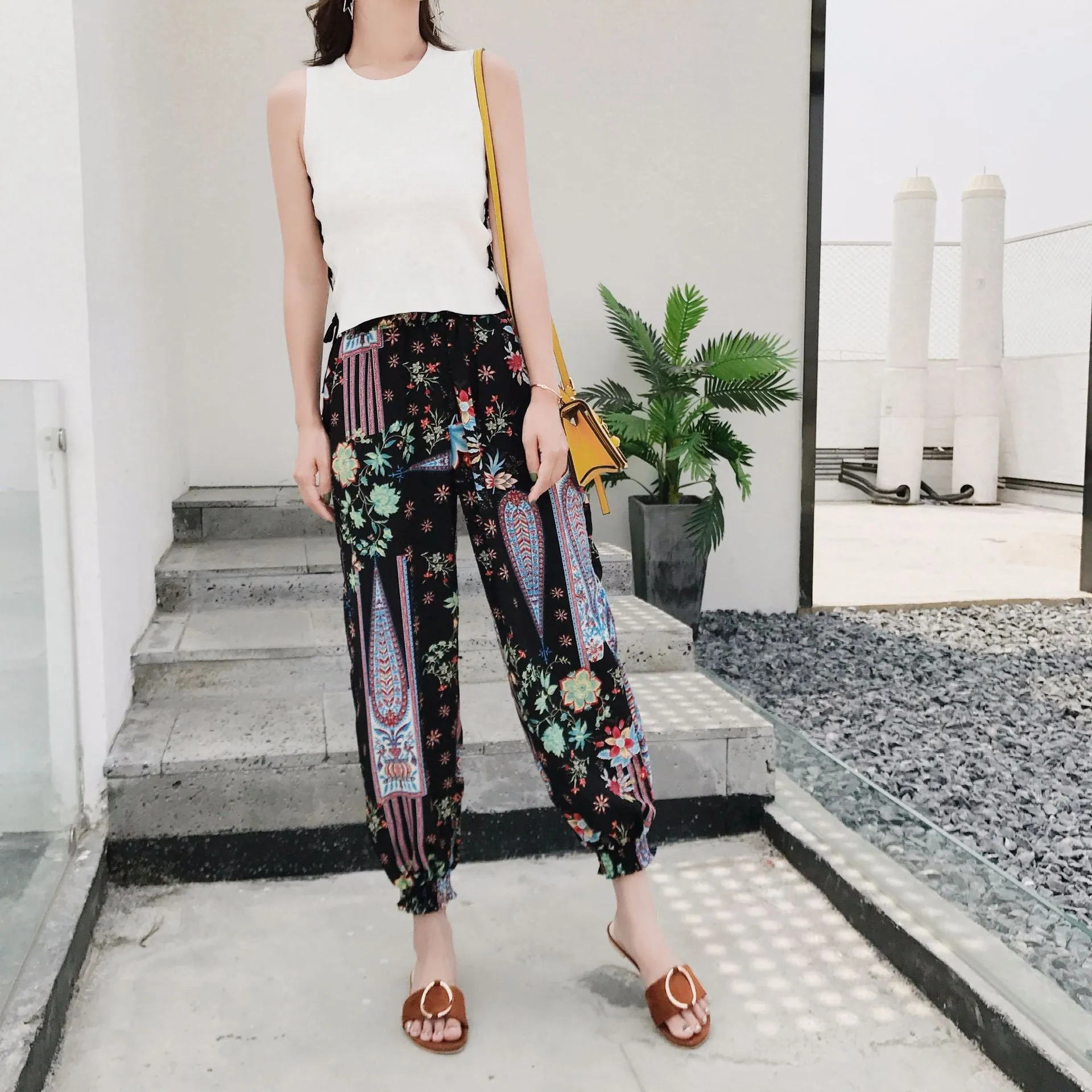 Korean Chiffon Casual Pants Women Loose Feminine High Waist Ankle-Length Lantern Pants